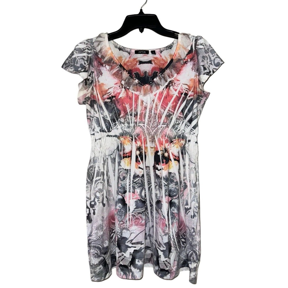 APT 9 Slinky Y2K Embellished Multicolor Short Sleeve Top Sz Small V-neck Ruffle
